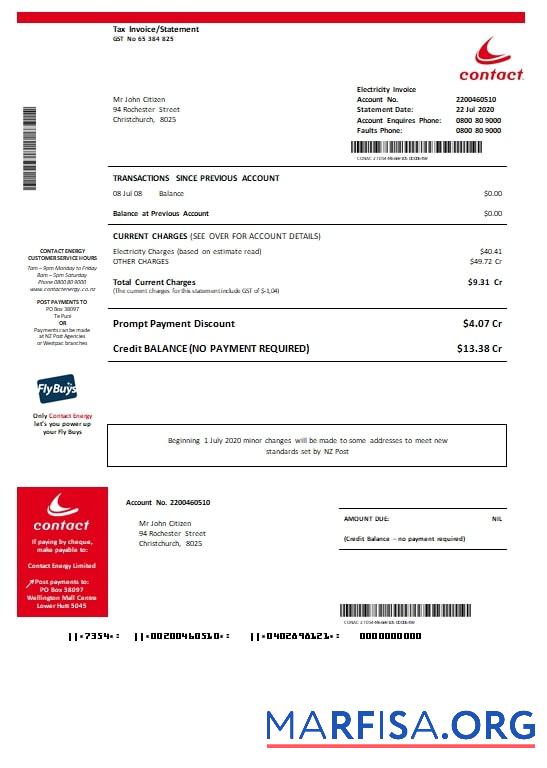 Realistic New Zealand Contact Energy proof of energy template in Word and PDF format